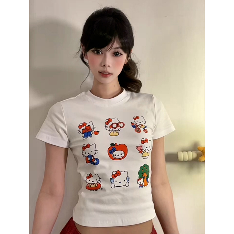 Vintage American Summer Kitty Cat Print Short-Sleeve Women's Fitted Top – Cute Round Neck Tee for a Sweet, Cool Look