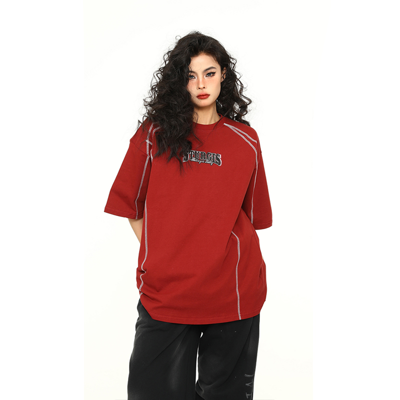 Vintage American Unisex Short Sleeve T-Shirt in Red - Trendy Loose Fit Couple Tee for Y2K Style Lovers