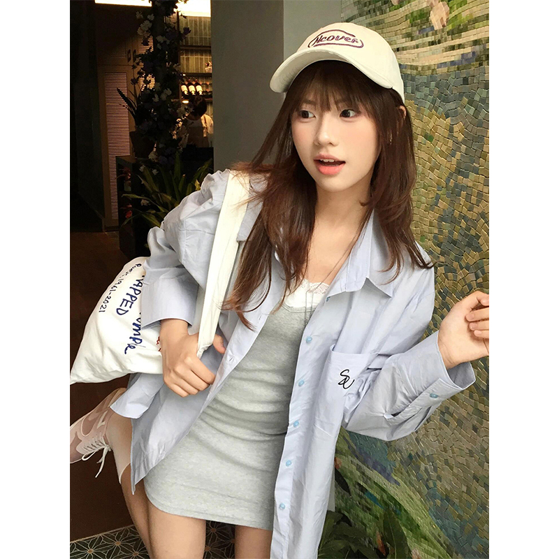 Vintage Blue Long Sleeve Shirt Jacket for Women - Summer Sun Protection Casual Loose Mid-Length Top