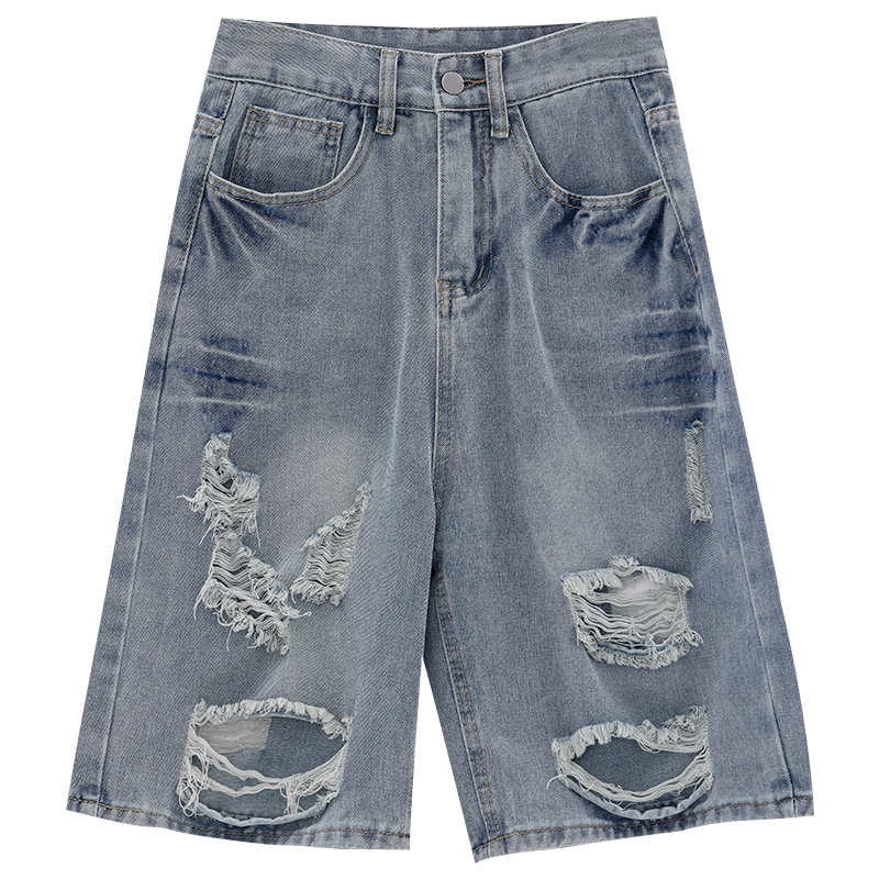 Vintage Blue Ripped Denim Shorts for Women - Tropical Road Summer Loose Fit 2025 Style, Perfect for Y2K and Casual Outings