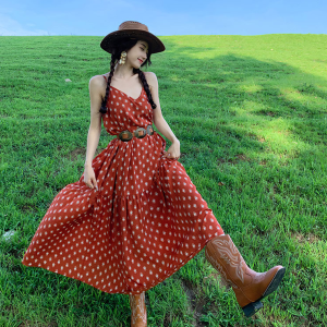 Vintage Bohemian Printed Long Skirt and Spaghetti Strap Backless Dress - Qinghai Northwest Red Floral Design for Women