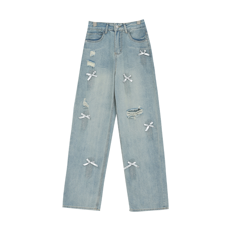 Vintage Bow Design Ripped Straight Leg Jeans for Women - Summer Thin Slim Wide Leg Style