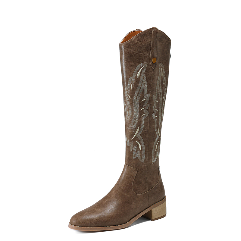 Vintage Brown Embroidered Western Cowboy Boots for Women - Pointed Toe Long Tube Design, Chunky Heel Summer Riding Boots
