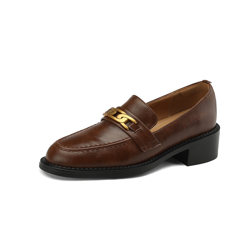 Vintage Brown Metal Buckle Loafers for Women - Versatile Leather Shoes, 2025 Trend, Y2K Inspired Fashion