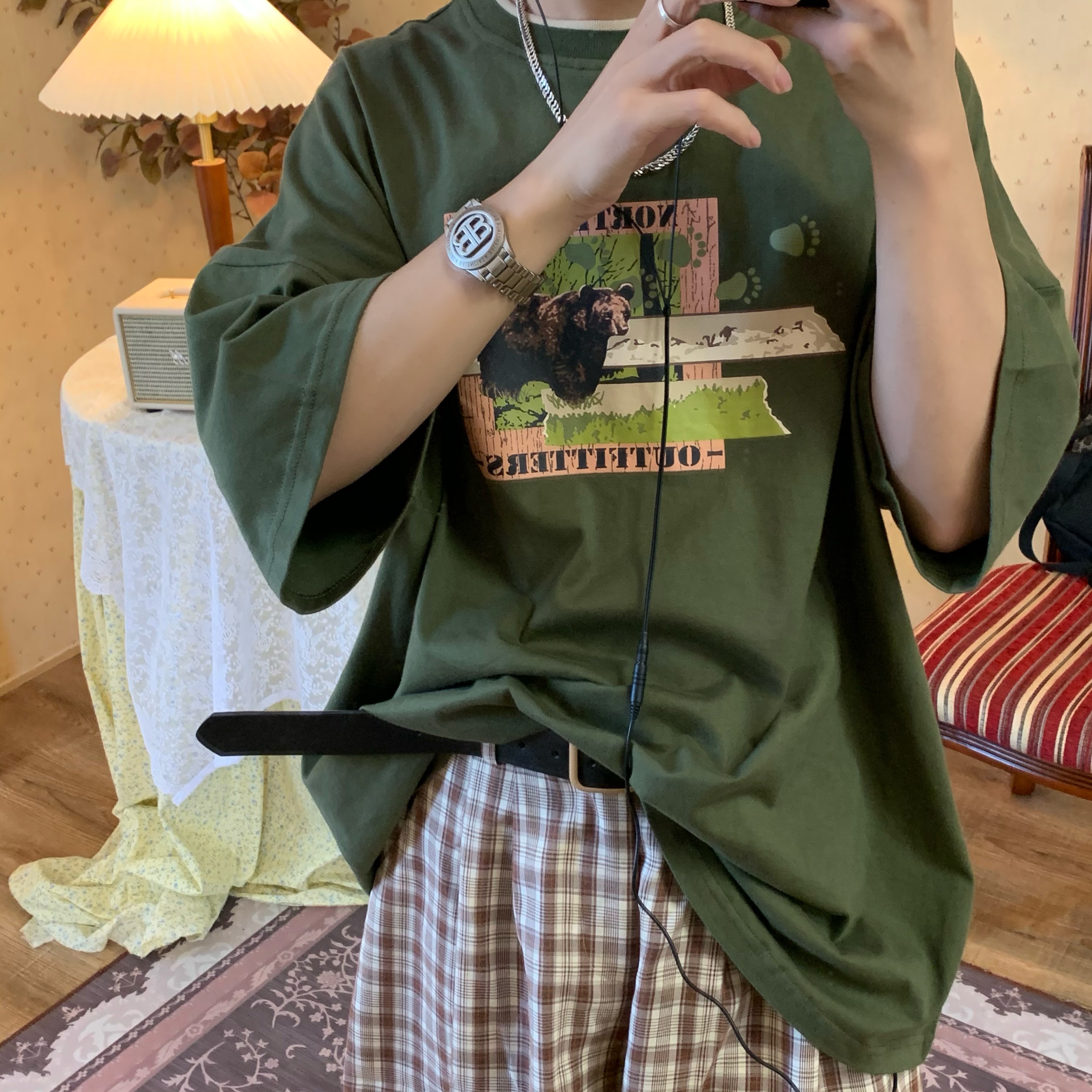 Vintage California Bear Graphic T-Shirt, European & American Trend, Short Sleeve Loose Fit Top, Casual Y2K Style