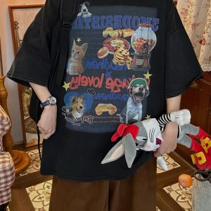 Vintage Cartoon Cat and Dog Print Half Sleeve T-Shirt for Women, Washed Distressed Loose Style, 90s Inspired Casual Top