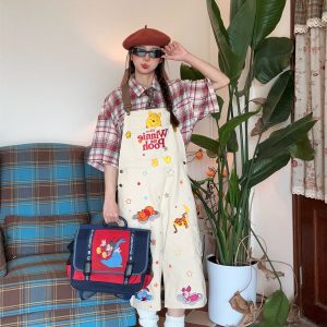 Vintage Cartoon Embroidered Work Overalls - Retro Heavy-Duty Cropped Pants for Couples - Unisex Casual Style
