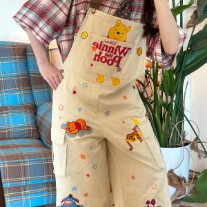 Vintage Cartoon Embroidered Work Overalls - Retro Heavy-Duty Cropped Pants for Couples - Unisex Casual Style