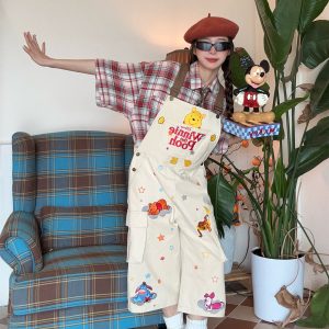 Vintage Cartoon Embroidered Work Overalls - Retro Heavy-Duty Cropped Pants for Couples - Unisex Casual Style