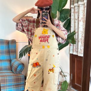 Vintage Cartoon Embroidered Work Overalls - Retro Heavy-Duty Cropped Pants for Couples - Unisex Casual Style