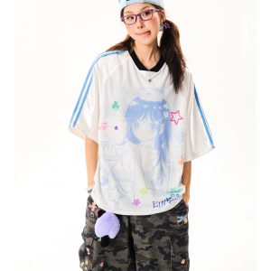 Vintage Cartoon Girl Jersey Short Sleeve T-Shirt for Women - Loose Fit V-Neck Top, Summer Casual Style