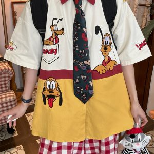 Vintage Cartoon Patchwork Short Sleeve Shirt - Handmade American Retro Style with Embroidered Pluto - Fun 90s Loose Fit Top