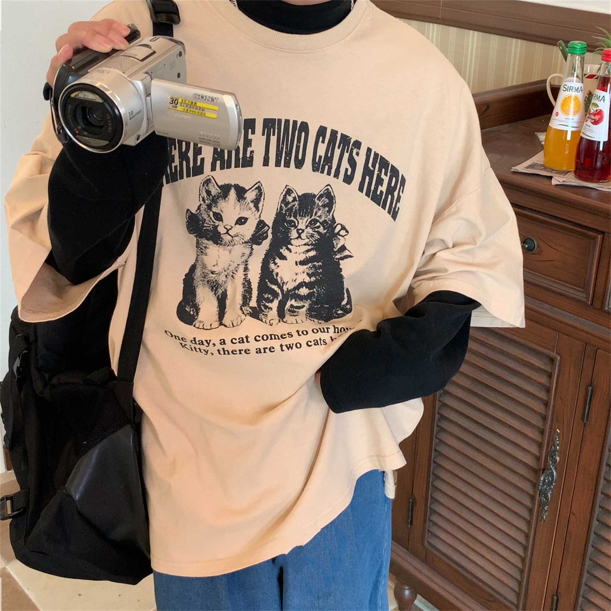 Vintage Cat Print Loose Fit Couple T-Shirt - Retro Trendy Round Neck Short Sleeve Top for Lazy Days