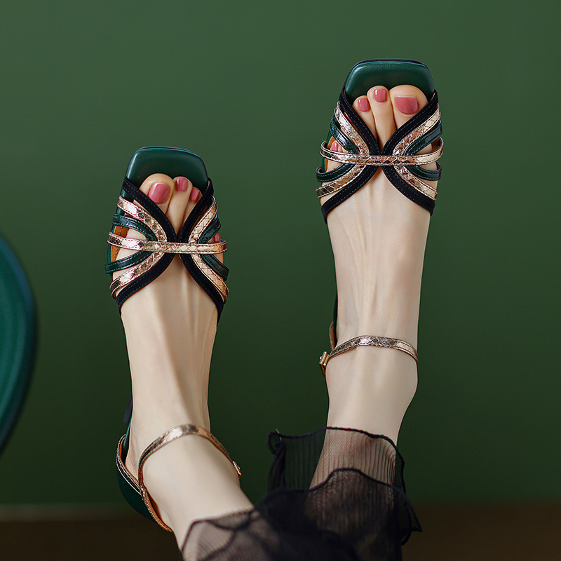 Vintage Color-Block Strappy Hollow-Out Open-Toe Chunky High Heels in Genuine Leather - Italian Corso Venezia Style