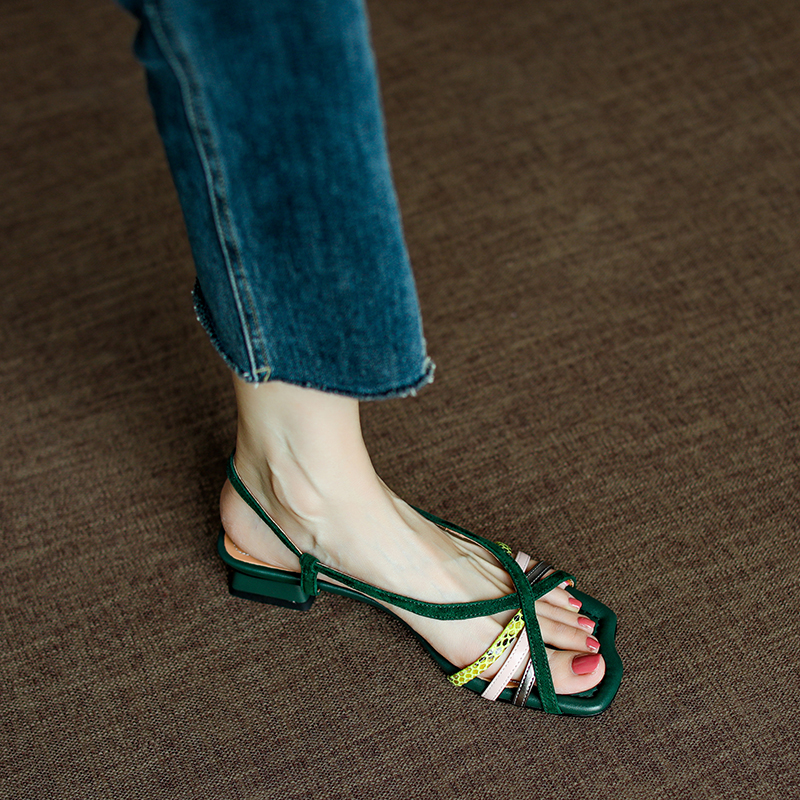 Vintage Color-Blocked Peep-Toe Sandals with Chunky Woven Straps | Low-Heeled Roman Style Footwear for Summer Fashion
