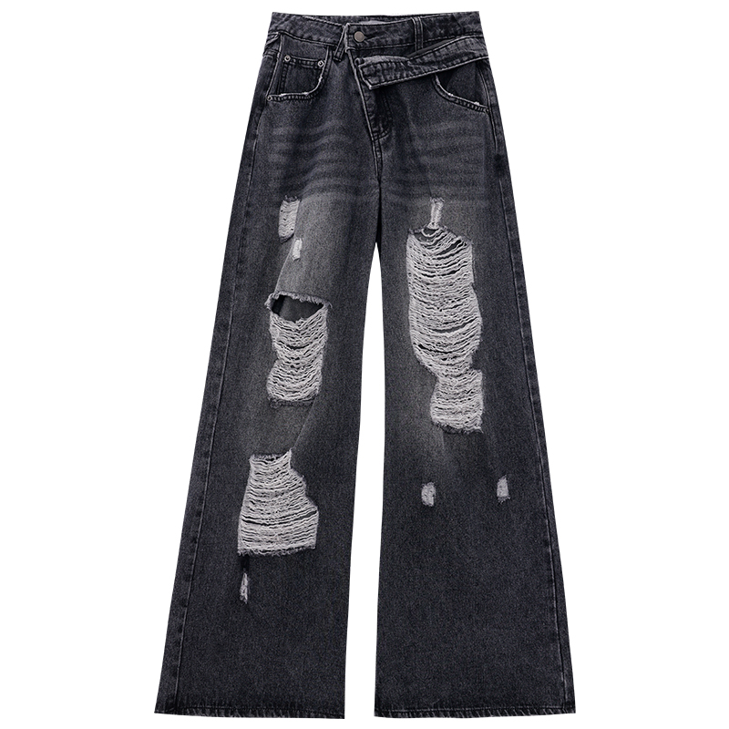 Vintage Double Waist Spliced Ripped Jeans for Women - Loose Wide-Leg American Style Pants