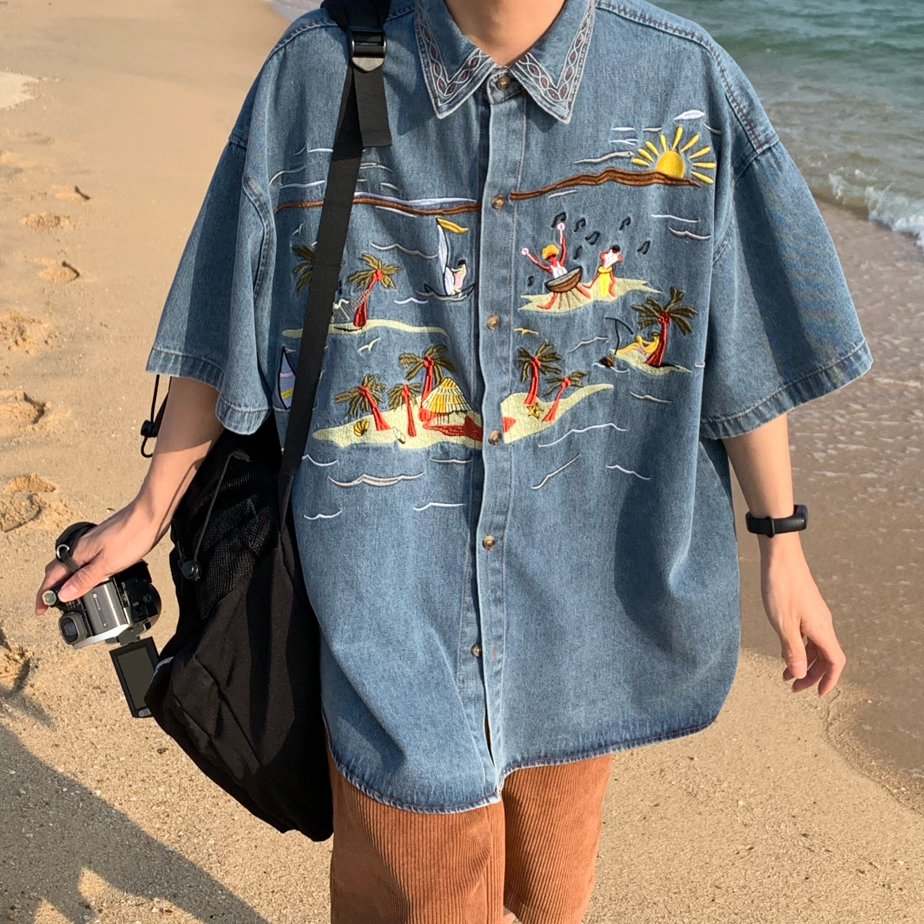 Vintage Embroidered Coconut Tree Denim Shirt - Unisex Short Sleeve Hawaiian Beach Style Top, Handmade & Reworked, Perfect for Summer