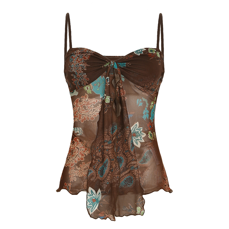 Vintage Ethnic Style Totem Mesh Camisole with Twisted Knot, Flowing Straps, and Low Neckline - Retro Fitted Waist Vest for Y2K Fashion