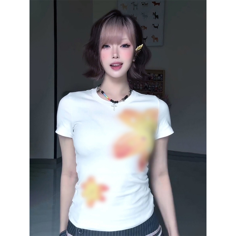 Vintage Floral Print Shoulder T-Shirt for Women, White Summer Short Sleeve Slim Fit Top, Sexy 90s Style