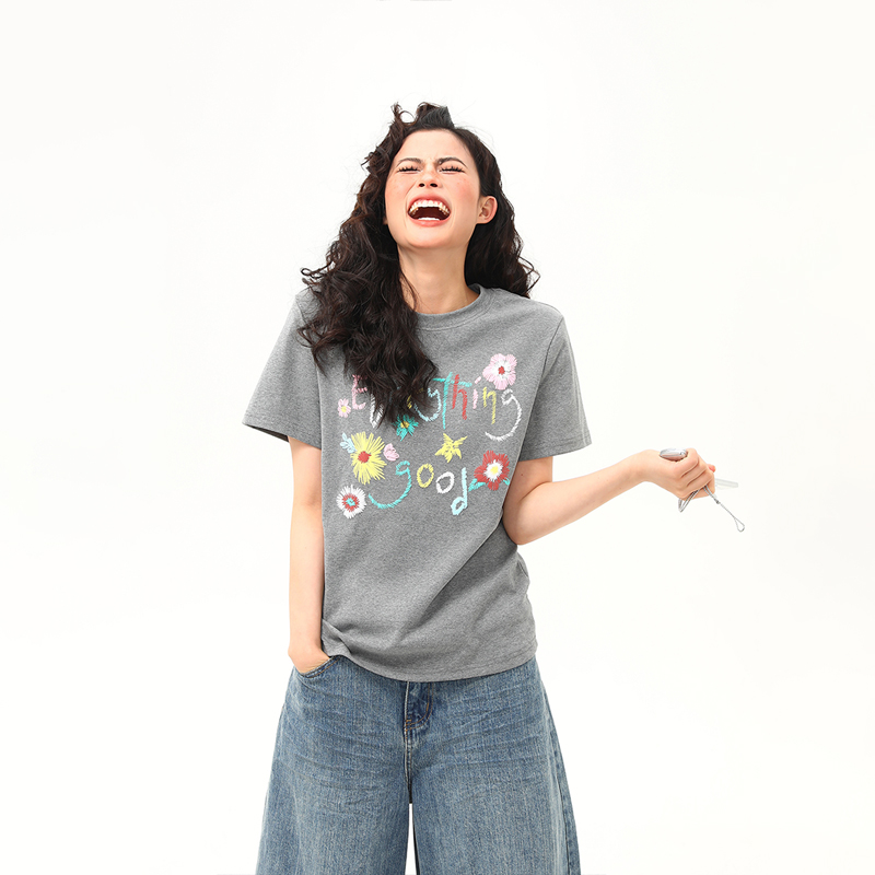 Vintage Floral Print Women's Shoulder T-Shirt, Slightly Loose Fit, Slimming Short Sleeves, Trendy Y2K Style Top for Women