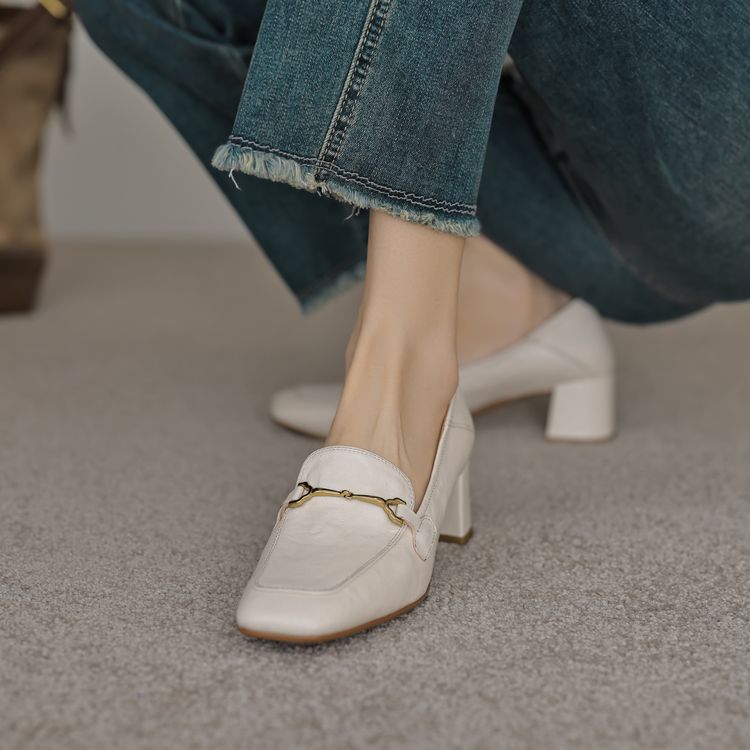 Vintage French Metal Buckle Loafers for Women - Versatile Square-Toe Chunky Heel Shoes