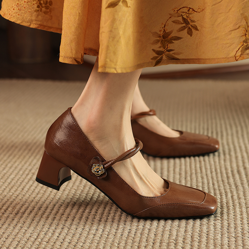Vintage French Style Leather Mary Jane Flats for Women - Square Toe, Shallow Mouth, Medium Heel - Summer Commuting Shoes