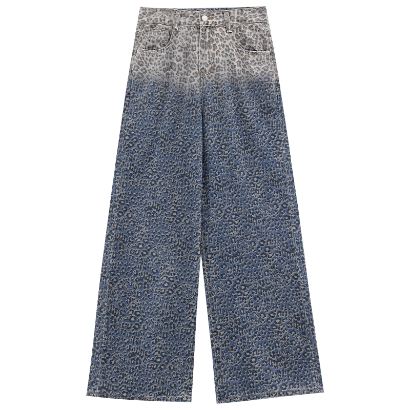 Vintage Gradient Sequin Leopard Print Wide-Leg Denim Pants for Women - Summer Loose Fit Jungle Style Trousers