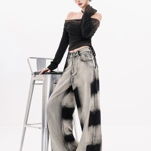 Vintage Gradient Tie-Dye Denim Pants for Women - Loose Straight-Leg Wide-Leg Style for Autumn and Winter Fashion
