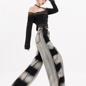 Vintage Gradient Tie-Dye Denim Pants for Women - Loose Straight-Leg Wide-Leg Style for Autumn and Winter Fashion
