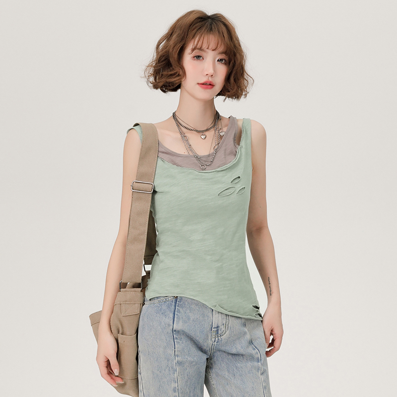 Vintage Green Fake Two-Piece Cami Top for Women - Summer Hot Girl Style, Ripped Design, Trendy Niche Fashion