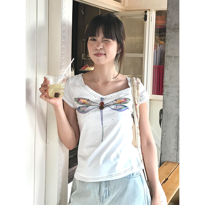 Vintage Hand-Painted Print V-Neck Cropped T-Shirt for Women - American Style Short Sleeve Slim Fit Summer Top