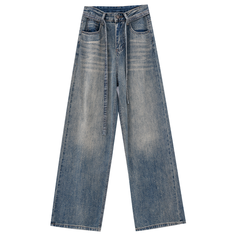 Vintage Heavy-Duty Rhinestone Design Wide-Leg Straight Jeans for Women – 2025 Summer Fashion, American Style, 90s Inspired