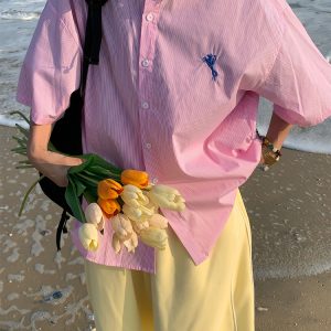 Vintage-Inspired Small Embroidery Vertical Striped Short Sleeve Shirt for Couples - Casual Summer Loose Fit Top