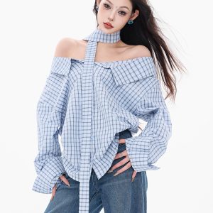 Vintage-Inspired Women's Plaid Long Sleeve T-Shirt with Asymmetrical Shoulder Design - Sexy Girl Style, 90s American Fashion