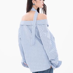 Vintage-Inspired Women's Plaid Long Sleeve T-Shirt with Asymmetrical Shoulder Design - Sexy Girl Style, 90s American Fashion