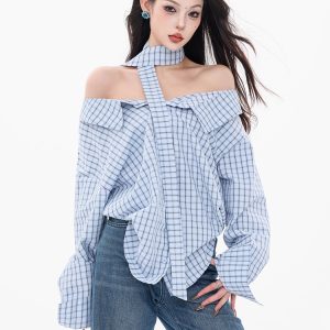 Vintage-Inspired Women's Plaid Long Sleeve T-Shirt with Asymmetrical Shoulder Design - Sexy Girl Style, 90s American Fashion