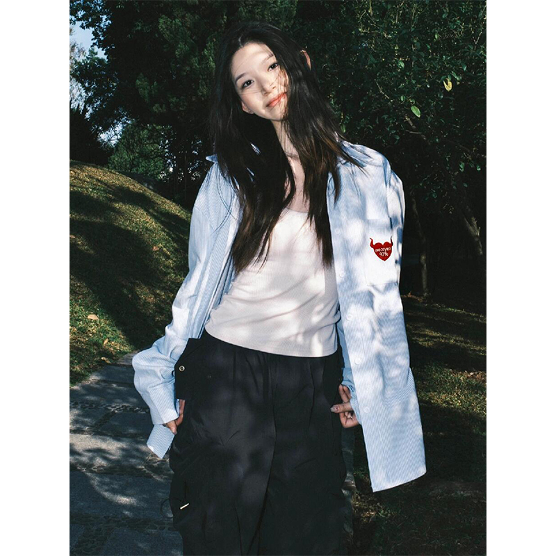 Vintage Oversized Blue Shirt Jacket for Women with Letter Embroidery - Spring 90s Style High-End Feel