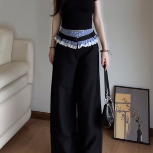 Vintage Plaid Patchwork Lace Suit Pants for Women - Loose Straight-Leg Wide-Leg Trousers for Spring and Autumn Fashion