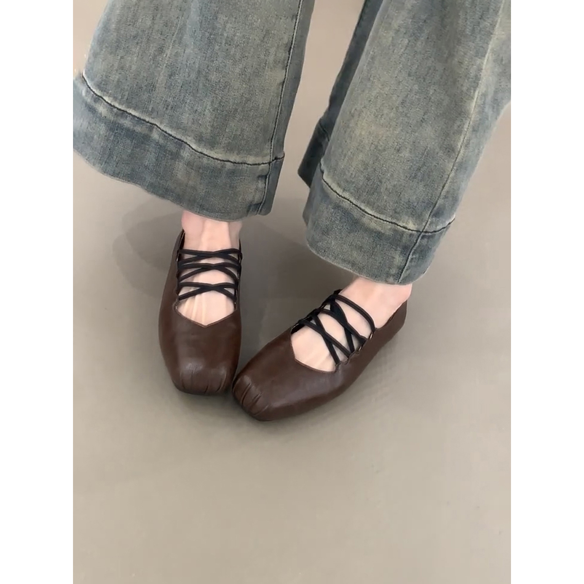 Vintage Sheepskin Cross-Strap Flat Shoes with Square Toe & Pig Nose - Women's Ballet Flats, Shallow Mouth Mary Janes