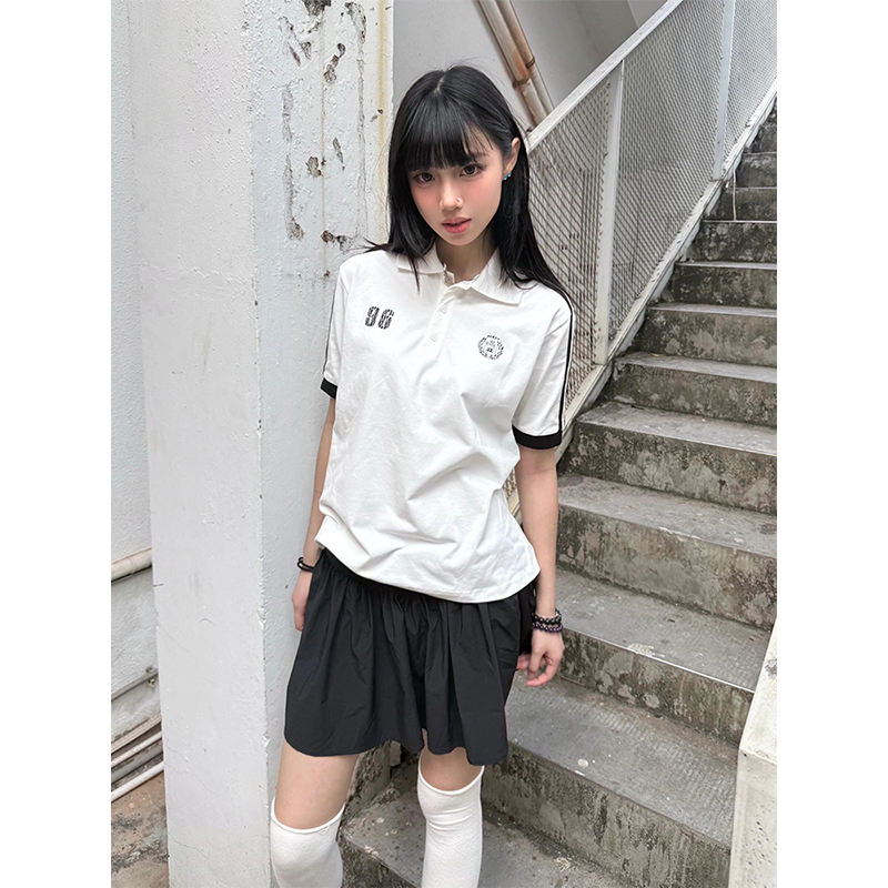 Vintage Short Sleeve Polo Shirt for Women - Summer Lapel College Style, Slim Fit Flattering Top, Trendy American Fashion