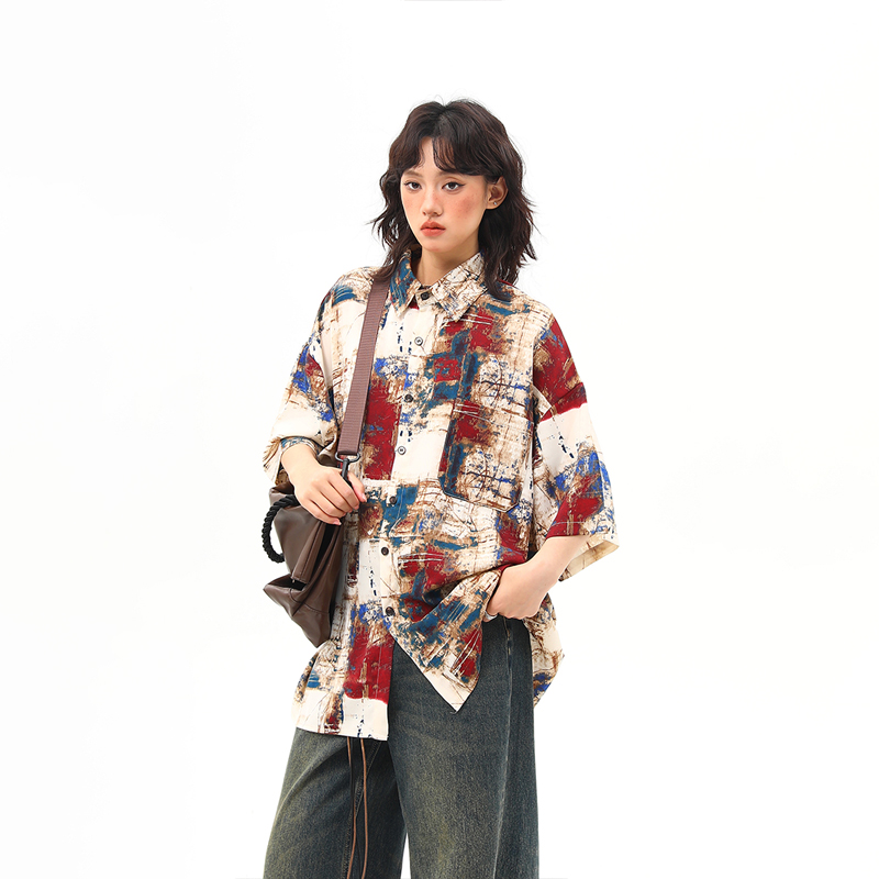Vintage Splatter Design Short Sleeve Shirt for Women | Retro American Style, Trendy 90s Aesthetic Fashion Top
