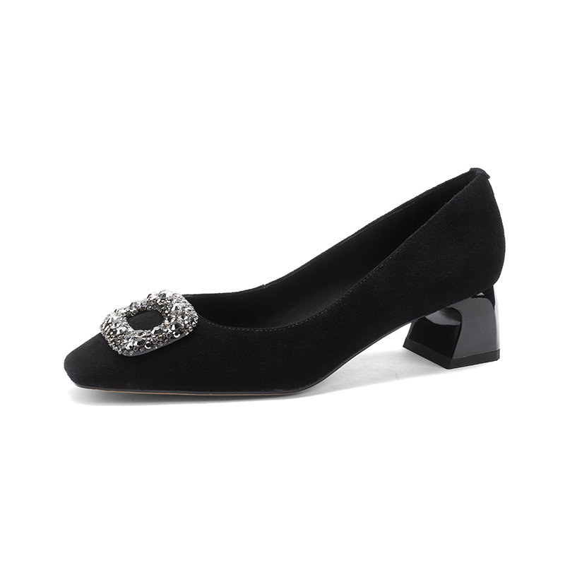 Vintage Square Buckle Rhinestone Square-Toe Loafers for Women - Chunky Heel Suede Sheepskin Footwear, Italian Style Fashion