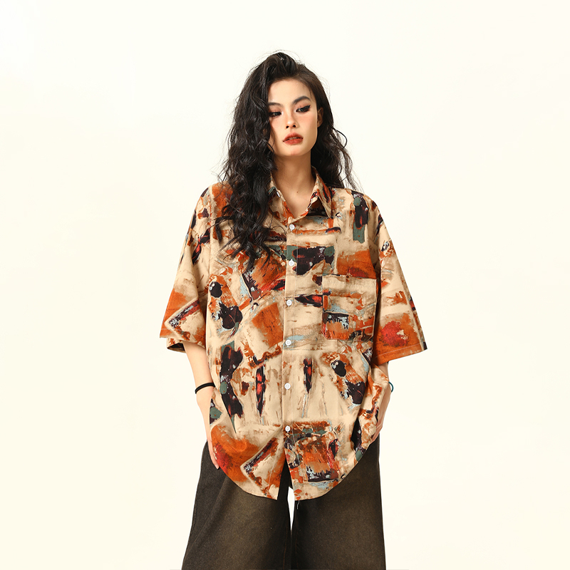 Vintage Style Oil Painting Short Sleeve Shirt for Women - Trendy Loose Fit Summer Top 2025, Boho Aesthetic Fashion