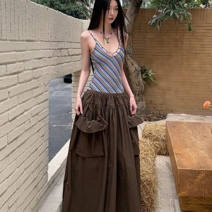 Vintage Summer Striped Spliced Design Faux Two-Piece Long Camisole Dress - Y2K Inspired Fashion