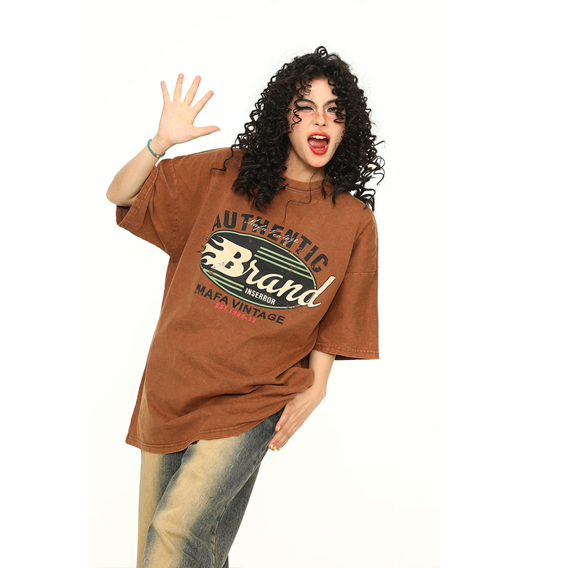 Vintage Washed Dark Brown Unisex Short Sleeve T-Shirt - Retro American Style Loose Fit Couple Tee for Summer Fashion