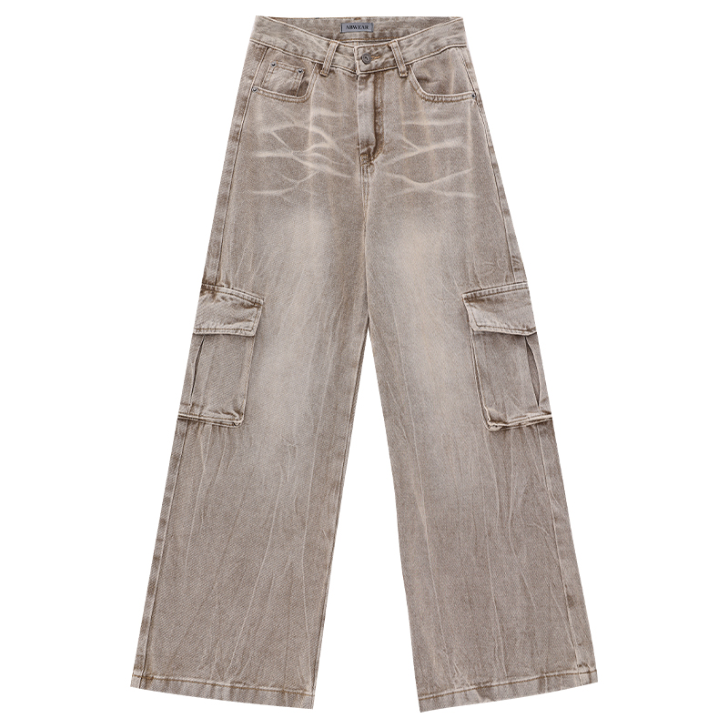 Vintage Washed Denim Flared Workwear Pants for Women - Loose Fit, Versatile 90s Style Street Fashion