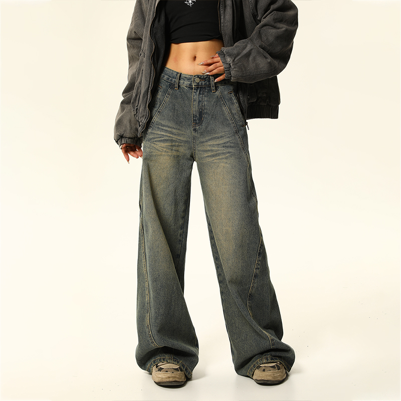 Vintage Washed Denim Wide-Leg Trousers for Women - American Retro Slim Fit Loose Straight Pants for Spring and Summer Fashion