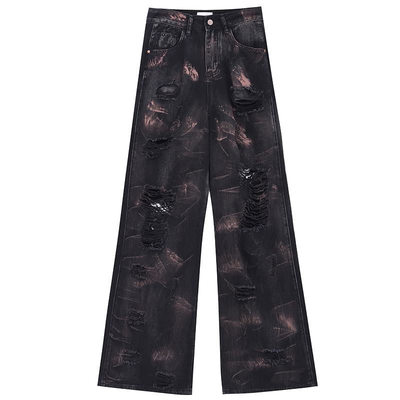 Vintage Washed Ripped Denim Pants for Women - Heavy-Duty Graffiti Loose Straight Wide-Leg Style for Summer Fashion