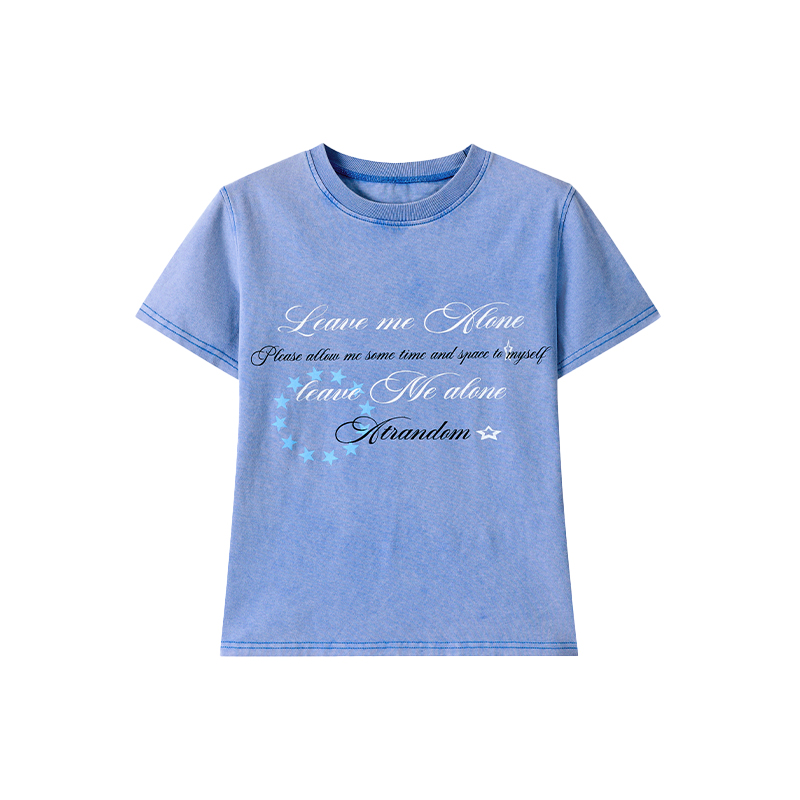 Vintage Water-Wash Casual T-Shirt with Printed Round Neck and Flutter Sleeves - Slightly Fitted Retro Style for Effortless Chic
