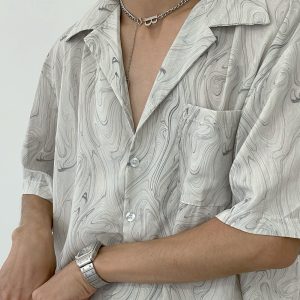 Vintage Wave Pattern Ice Silk Short Sleeve Shirt for Men, Loose Casual Cuban Collar Beach Shirt - Summer Style